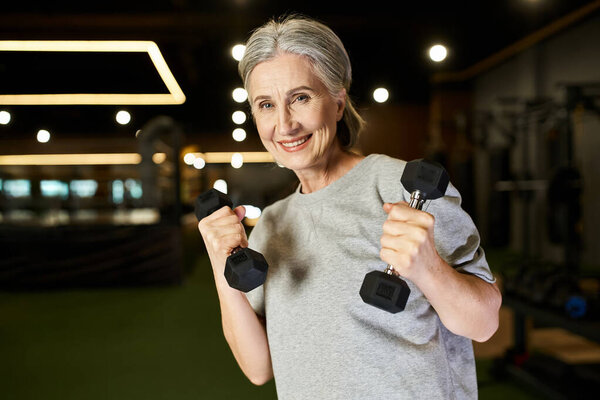 веселая привлекательная пожилая женщина в спортивной одежде, тренирующаяся с гантелями и смотрящая в камеру