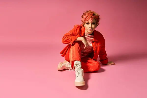 stock image A woman in vibrant attire sits peacefully on the ground against a pink background.