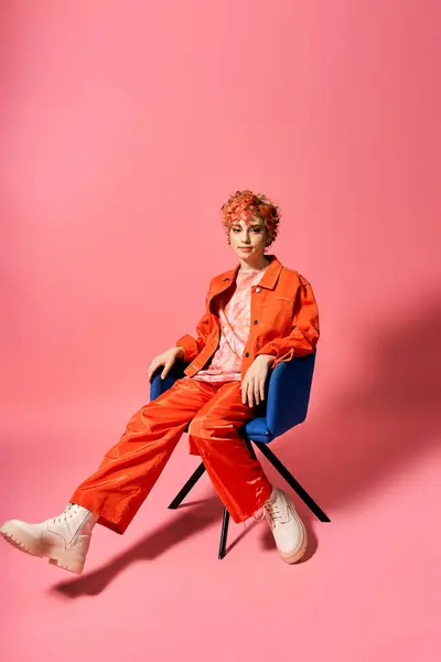 一个时髦的女人优雅地坐在椅子上 面对着充满活力的粉色背景 — 图库照片