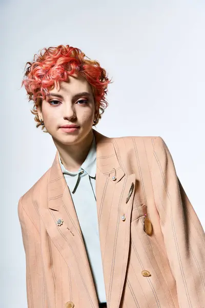 Vibrant Woman Red Hair Exudes Elegance Stylish Jacket Stock Snímky