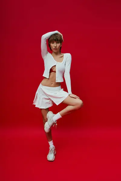 Stylish Young Woman Short Skirt Crop Top Energetically Dancing Vibrant — Foto de Stock