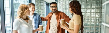 Multicultural colleagues converse energetically in a hotel lobby during a corporate trip. Diverse businesspeople engage in lively discussions. clipart