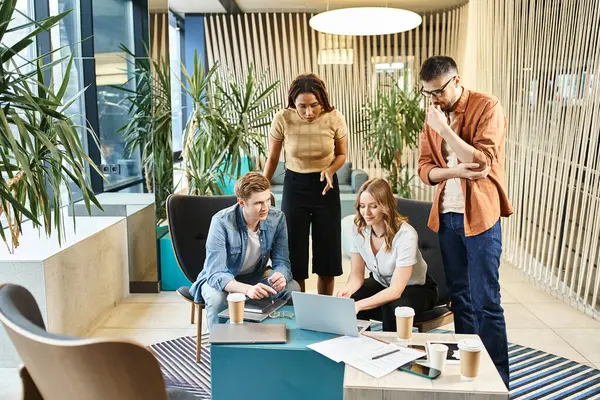 Diverse Group Coworkers Collaborate Discuss Ideas Table Contemporary Office Setting — Stock Photo, Image