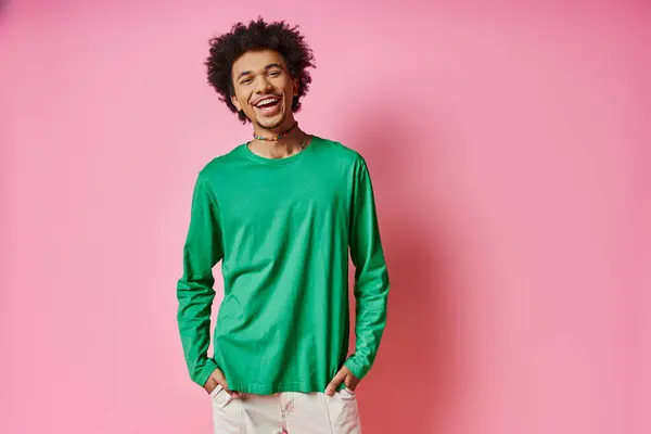 Cheerful Young African American Man Casual Wear Stands Front Pink — Foto de Stock