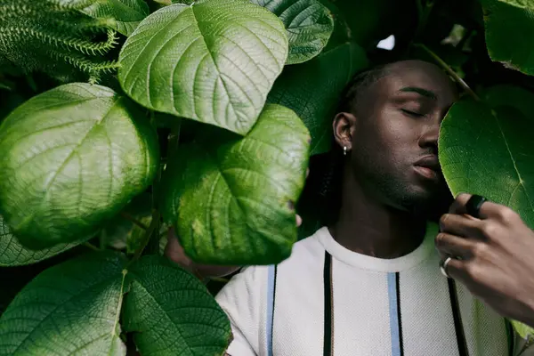 英俊的非洲裔美国人在一个生动的花园中 与茂盛的绿色植物比肩而立 — 图库照片