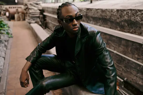 Handsome African American man in leather jacket and sunglasses sits confidently on ledge in vivid green garden.