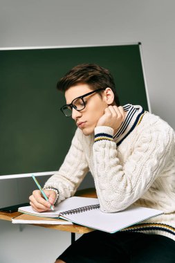 Üniformalı genç adam masada oturuyor, üniversitede deftere yazıyor..
