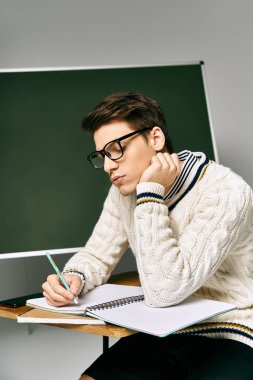 Young man in uniform sitting at desk, writing in notebook in college. clipart