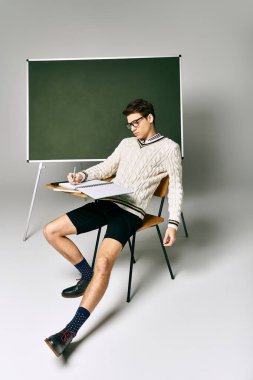A man in a chair by a blackboard at college. clipart