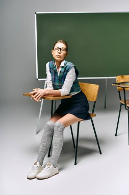 Üniformalı kız öğrenci yeşil panonun önünde oturuyor, öğrenmeye dalmış..