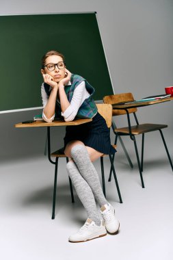 Young woman in uniform sitting at a desk in front of a green chalkboard in a college classroom. clipart
