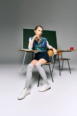 Young female student in uniform sitting by green board in classroom. clipart