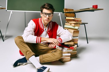 Young man sitting amidst books on the floor. clipart