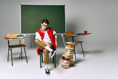 A man sitting on a chair next to a green board in a classroom. clipart