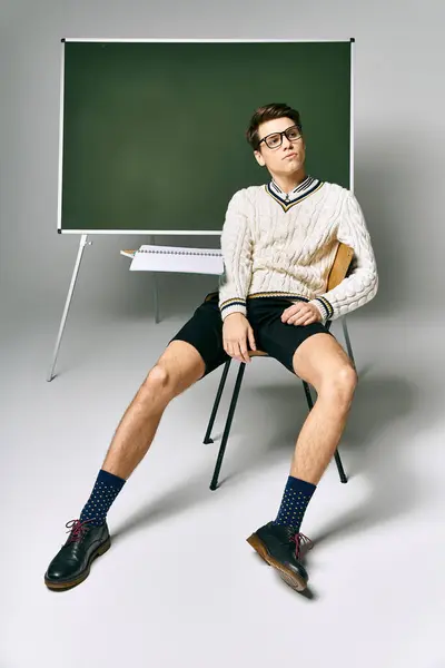 stock image Handsome student in uniform sitting in front of green chalkboard in college.