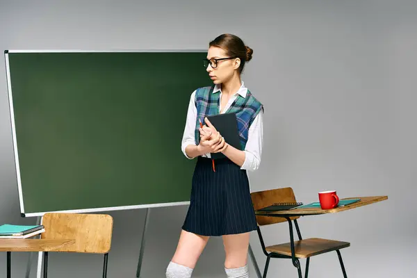 stock image A young female student in school uniform stands before a green board.