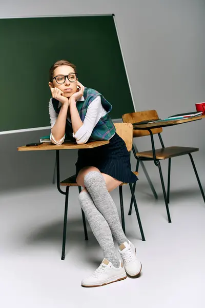 stock image Young woman in uniform sitting at a desk in front of a green chalkboard in a college classroom.