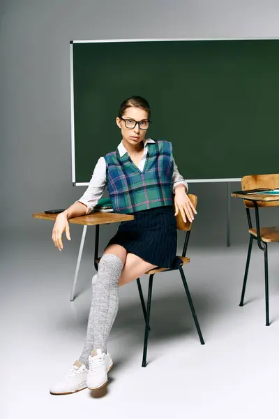 stock image female student in uniform sitting by green board in college.