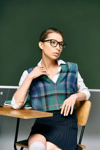 stock image Young woman with glasses at desk in classroom.