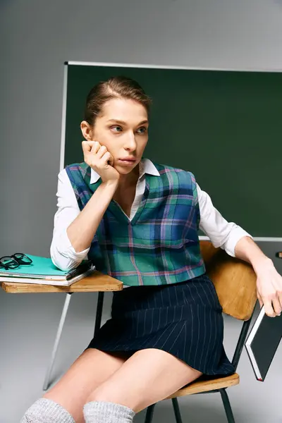 stock image woman in uniform sits at desk in front of green board.