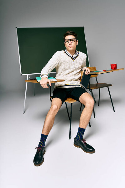 A man sits on a chair in front of a green board, deeply engrossed in thought.