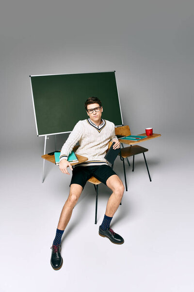 A man sits on a chair before a green board, deep in thought.