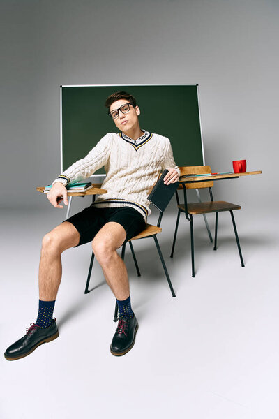 A man in a chair by a green board, engaged in deep thought.