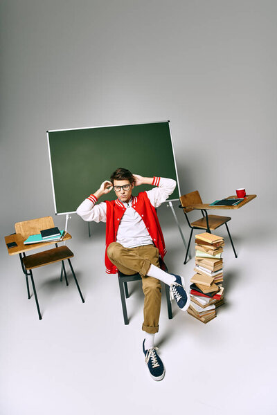 A man in front of a green board, contemplating while seated on a chair.