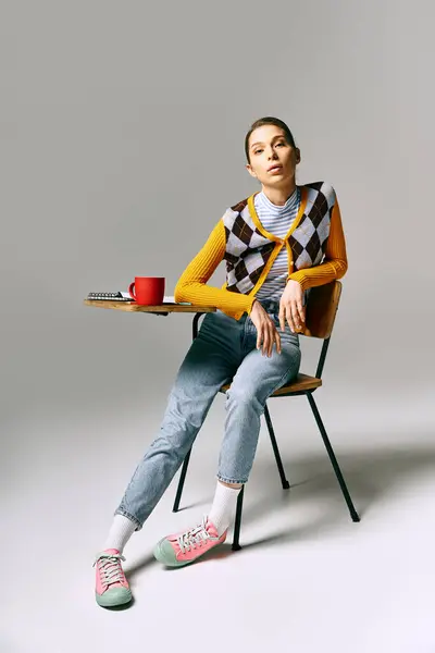 stock image A woman sits on a chair, with a cup of coffee.