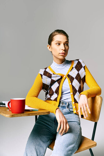 Woman on chair enjoys coffee.