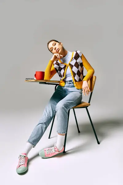 stock image A woman peacefully sits on a chair, enjoying a cup of coffee.