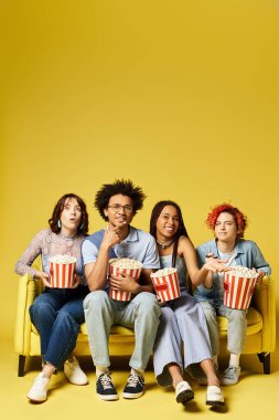 Bir grup arkadaş, ikili olmayan bir kişi de dahil, sarı kanepede film izliyor..