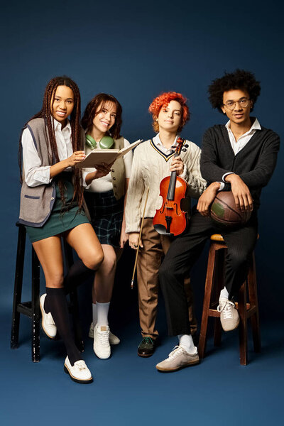 Разнообразная группа молодых людей, стоящих бок о бок в стильной одежде на темно-синем фоне.