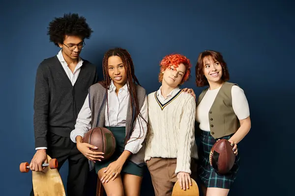 stock image Multicultural group of young friends, standing together in stylish attire on dark blue background.