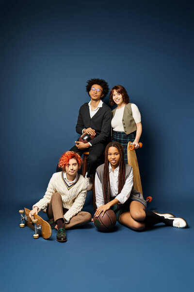 Группа молодых мультикультурных друзей, стильно позируют для картины на темно-синем фоне.
