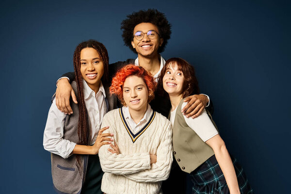 A diverse group of young friends, standing together in stylish attire against a dark blue background.