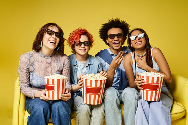 Мультикультурные друзья в стильном наряде смеются, болтают и обнимаются на ярко-желтом диване в студии.