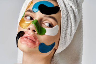 A beautiful young woman with eye patches on her face, showcasing her creativity and unique style. clipart