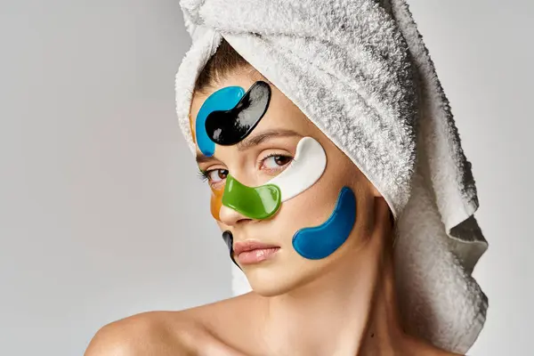 Alluring Young Woman Towel Wrapped Her Head Eye Patches — Stock Photo, Image
