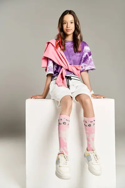 Stylish Vibrant Teenage Girl Confidently Sits Atop White Block Exuding — Stock Photo, Image