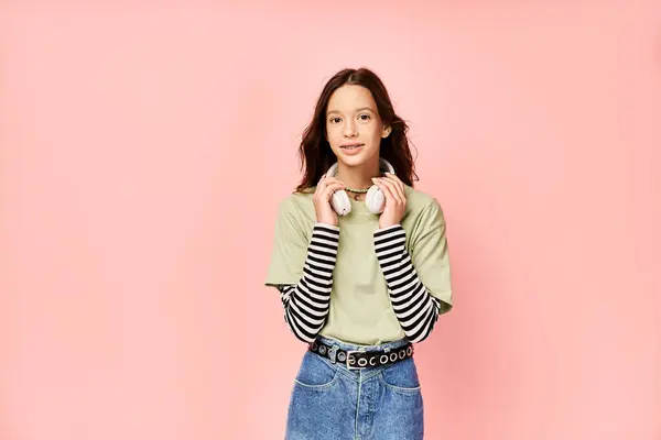 Good Looking Teenage Girl Vibrant Green Shirt Posing Pair Scissors — Stock Photo, Image