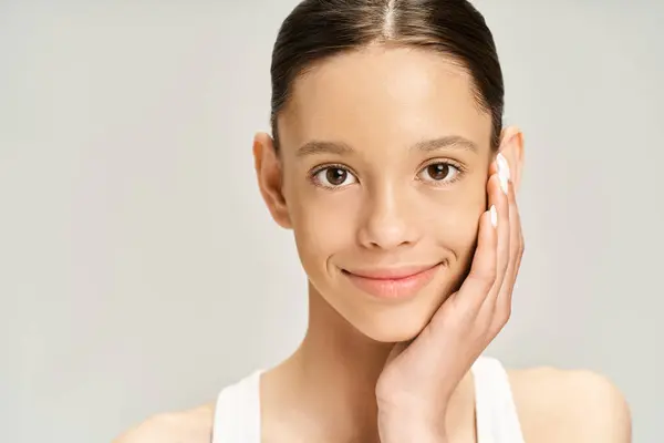 Stylish Teenage Girl Joyfully Smiles Hands Face Exuding Positive Energy — Stockfoto