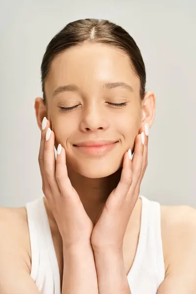 Teenage Girl Vibrant Attire Hands Face Showcasing Mix Inner Turmoil — Stock Photo, Image