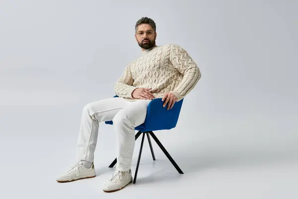 Stylish Man Beard Sits Blue Chair Studio Setting Grey Background —  Fotos de Stock