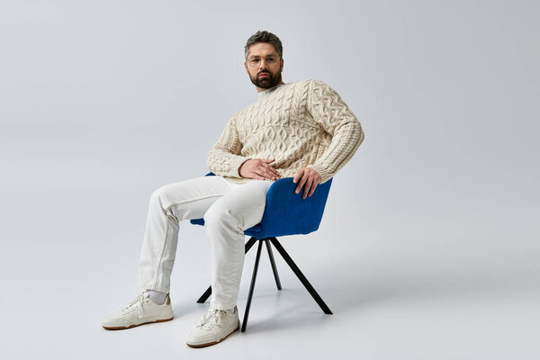 A stylish man with a beard sits on a blue chair in a studio setting with a grey background.