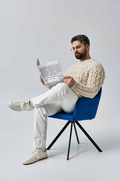 Бородатый мужчина в белом свитере сидит в кресле и читает газету на сером фоне..