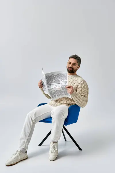 一个留着胡子的时髦男子坐在椅子上 专心致志地阅读灰色背景的报纸 — 图库照片