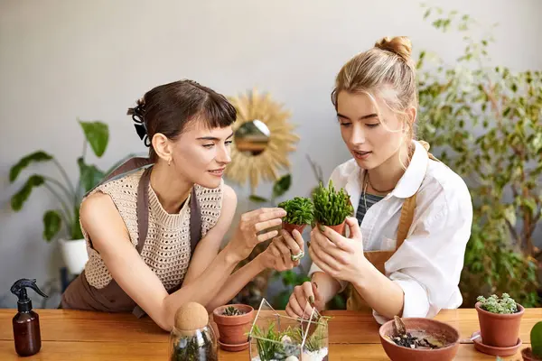 Две Искусные Женщины Исследуют Растение Любопытством Благоговением — стоковое фото