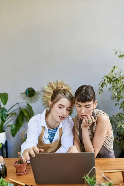 Loving Lesbian Couple Immersed Art Collaborating Laptop Table — Foto de Stock
