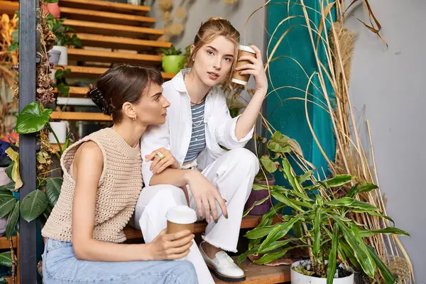 Pareja Lesbianas Disfrutando Momento Sereno Banco Junto Una Planta Verde —  Fotos de Stock